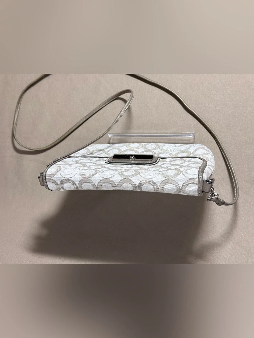 Coach White and Taupe Signature Crossbody with Metallic Accent